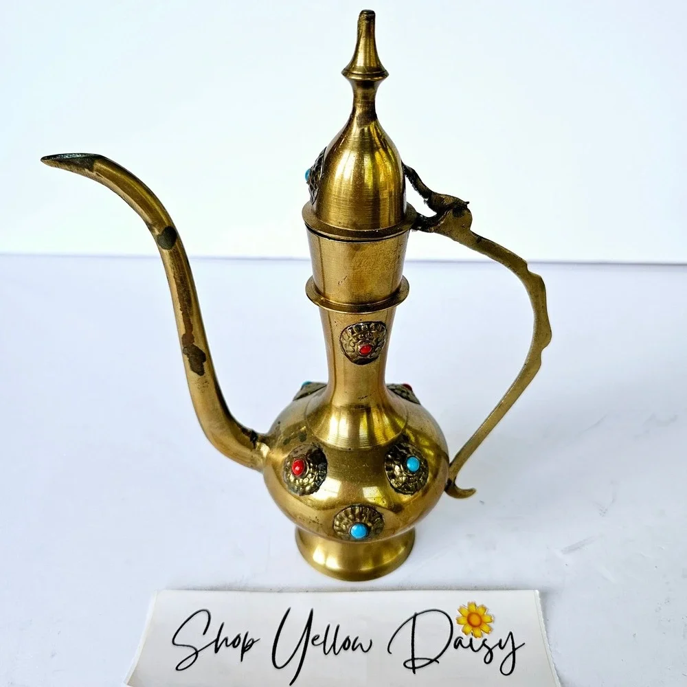 Vintage Brass Dallah Coffee Pot Turquoise Coral Accents Middle Eastern Decor 8in